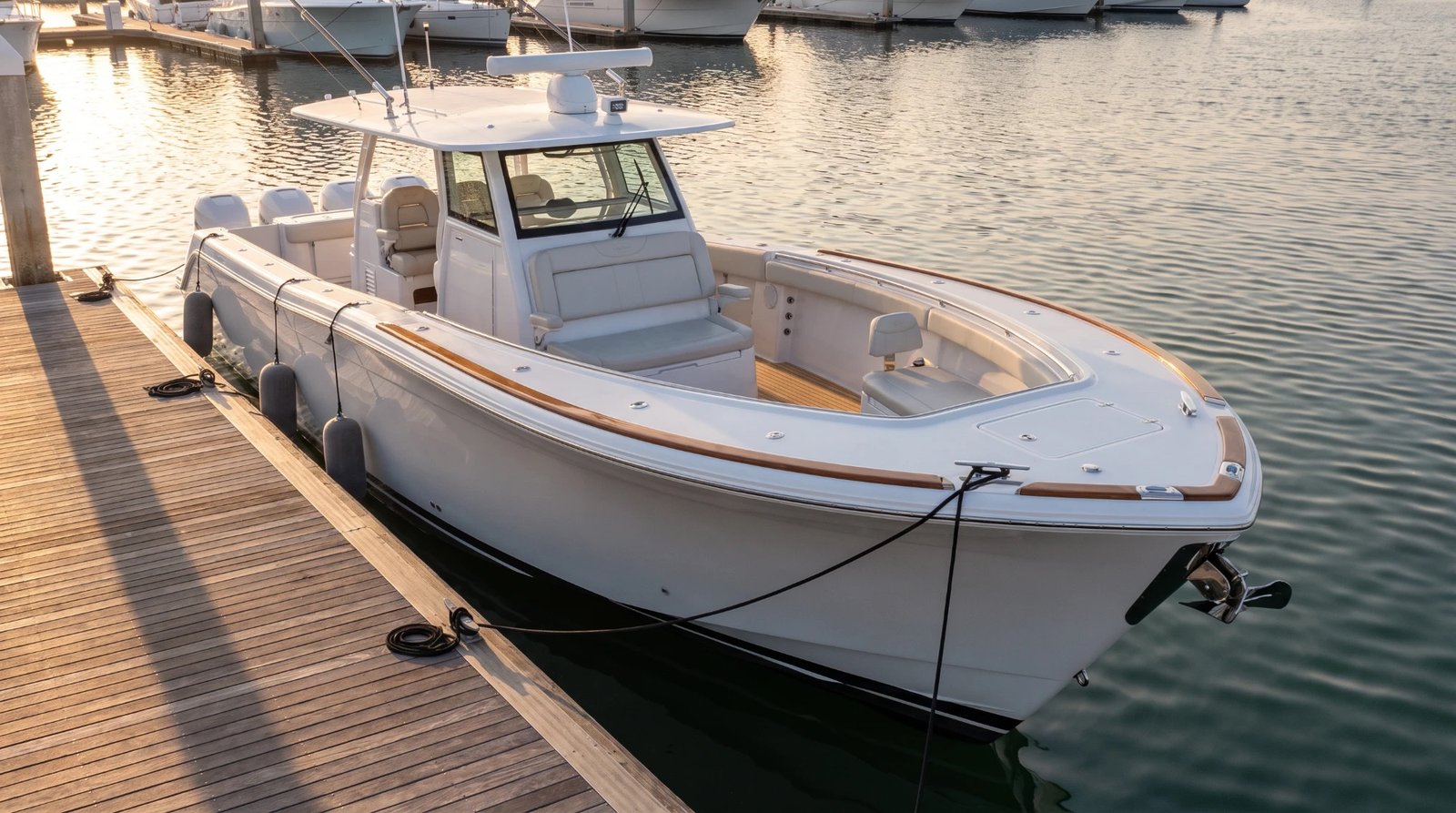 A white center-console boat tied up at a wooden dock in a calm marina at golden hour, fenders out and lines secured