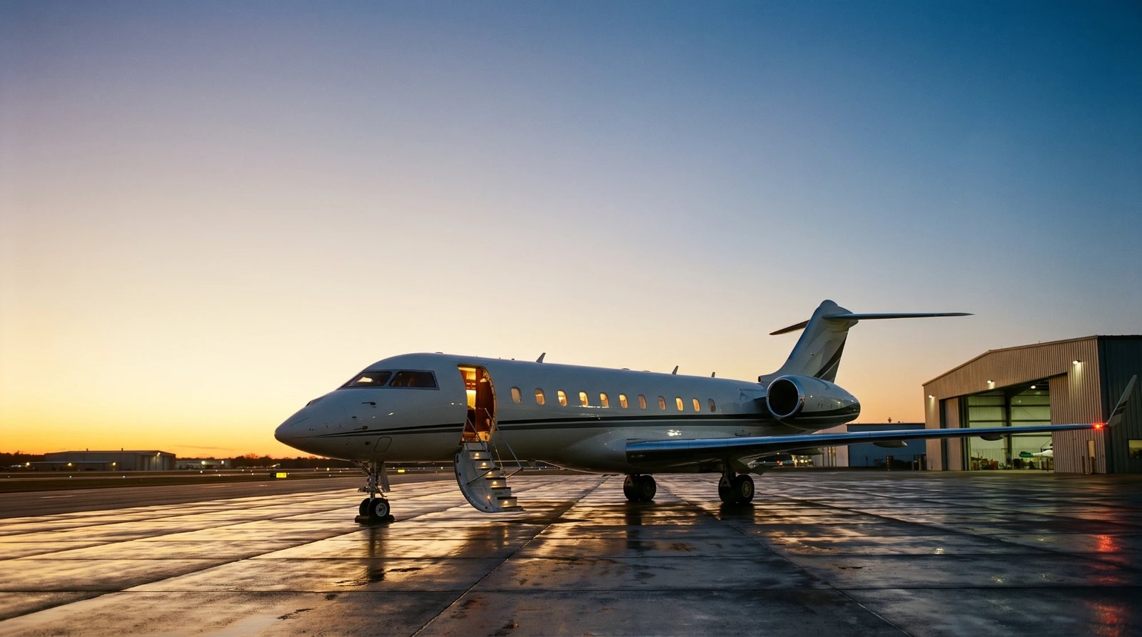 A white private jet parked on wet tarmac at dusk, cabin door open and stairs lit, with a lit hangar behind it